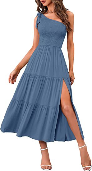 2025 New Summer Fashion Women's One-shoulder Pleated Layered Hem Split Dress (Copy)