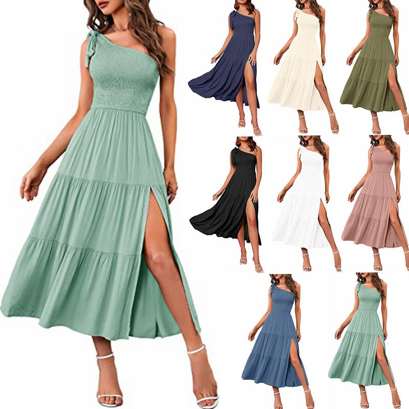 2025 New Summer Fashion Women's One-shoulder Pleated Layered Hem Split Dress (Copy)